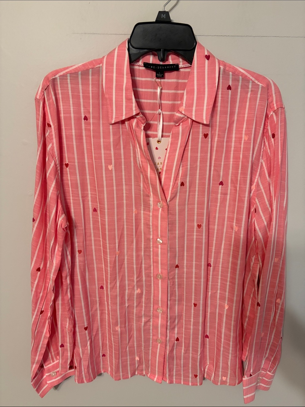 Jane and Delancey Pink and White Striped Button-Down Blouse w/ Hearts. Large NWT